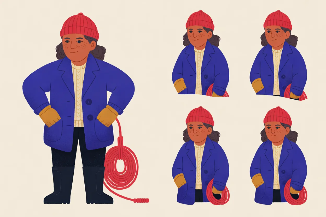 The Tug Captain character sheet on a warm cream background: one full-body front view, standing with her gloved hands on her hips and a red rope coiled from her hip to the floor, and four identical waist-up views turned slightly to one side, each with the same closed-mouth smile, one gloved hand at her pocket and a red rope coil in the other. In every view she wears a cherry-red knit cap, an ultramarine-blue coat over a cream cable-knit sweater and tan gloves, with dark trousers and black rubber boots in the full-body view.