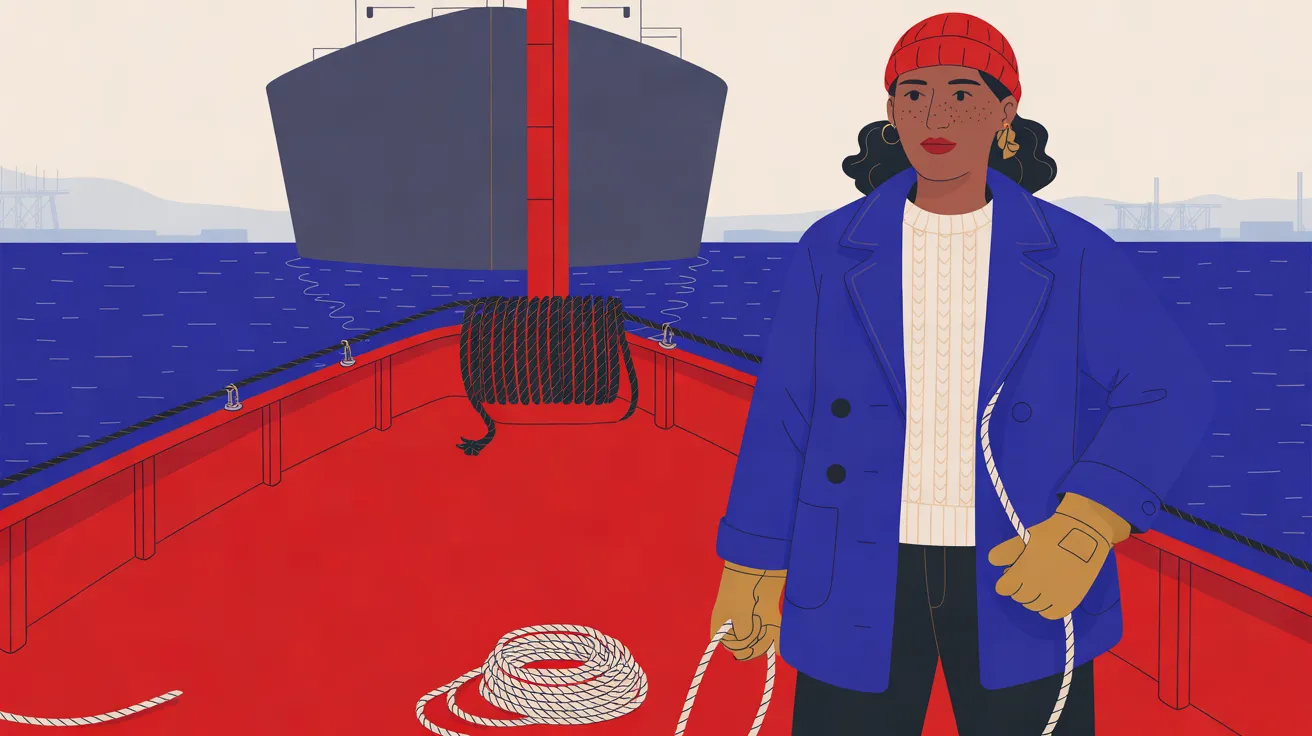 The Tug Captain, a sturdy freckled woman with dark curly hair under a cherry-red knit cap, in an ultramarine-blue coat over a cream cable-knit sweater, dark trousers and tan work gloves, stands at the right on the bow of a cherry-red tugboat holding a white rope in both hands, with a coil of white rope on the deck beside her. The tug’s bow, with a red mast and a thick coil of black rope at its tip, points at the plain dark-grey bow of a huge cargo ship in the middle of the picture. Flat ultramarine water runs back to pale hills and dock cranes under a cream sky.